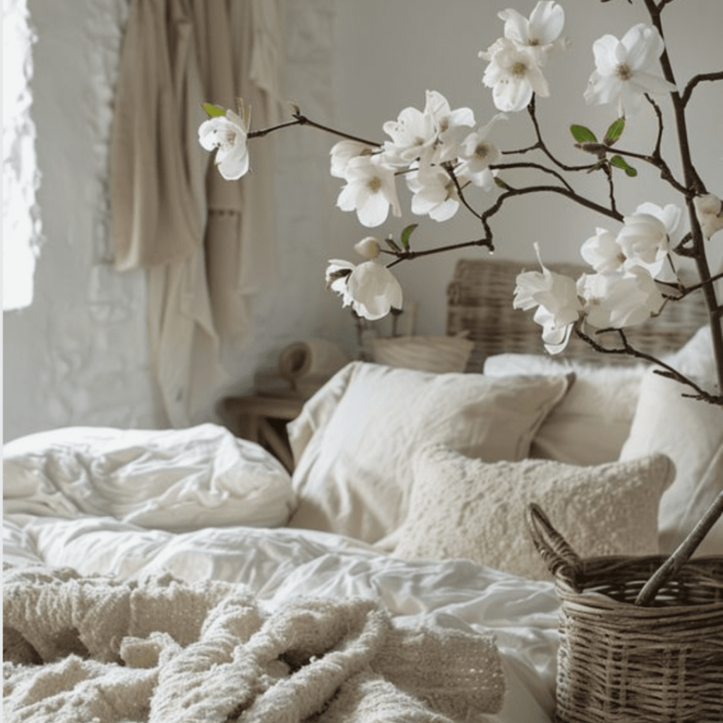 home bedroom refresh ideas white linnen bedsheets, white wall and beautiful flowers