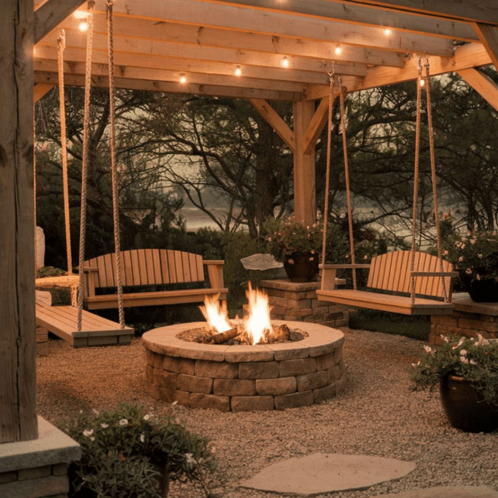 Small Backyard Fire Pit with Hanging Wooden Lounge Chairs